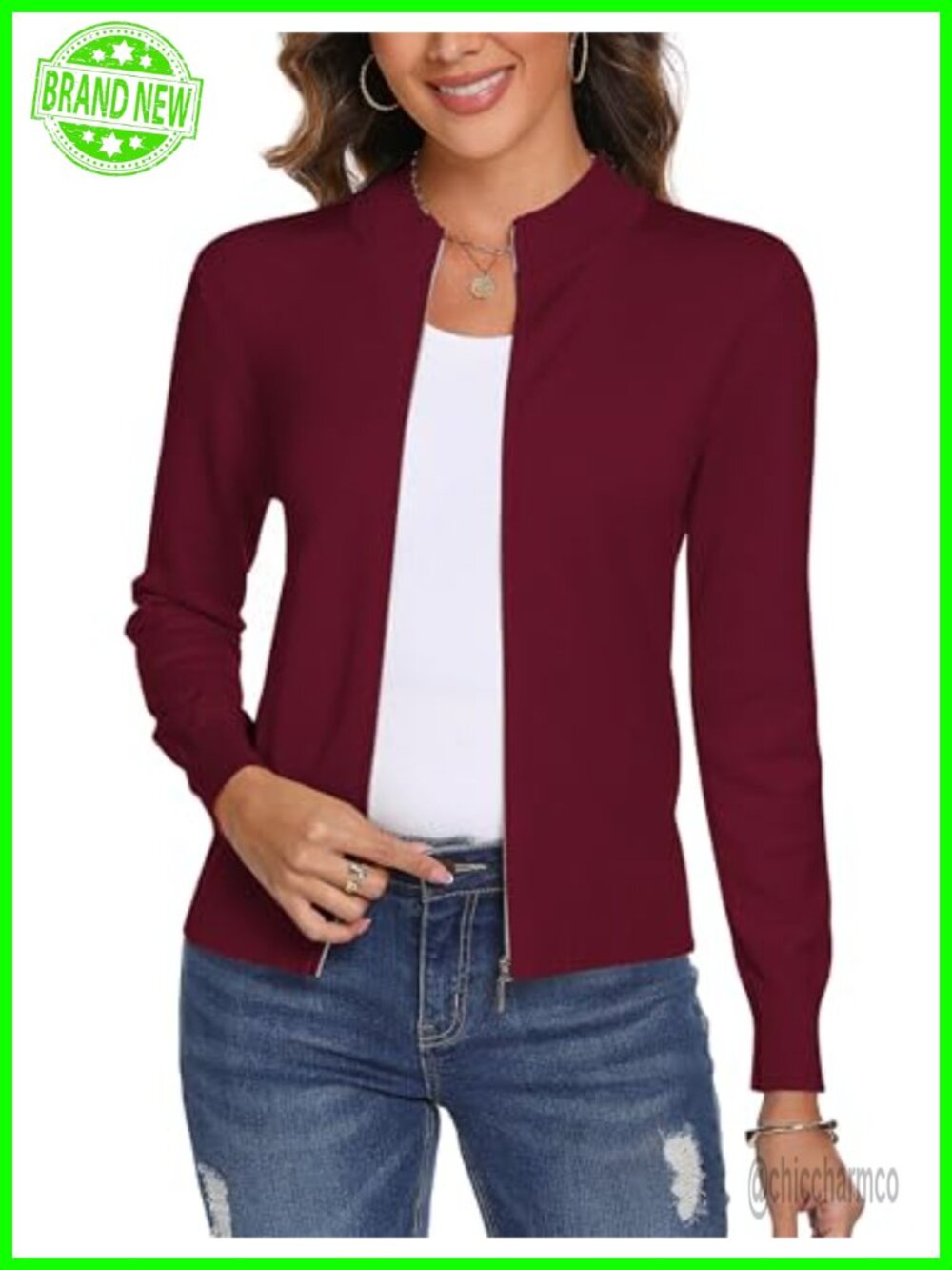 Womens Long Sleeve Knitted Zip Up Cardigan Sweater Lightweight Cotton Blend